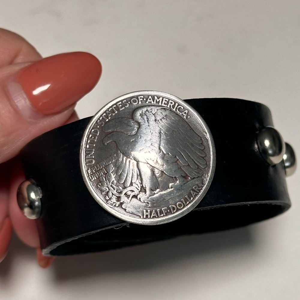 Black Leather Bracelet with Silver Coin Accent
